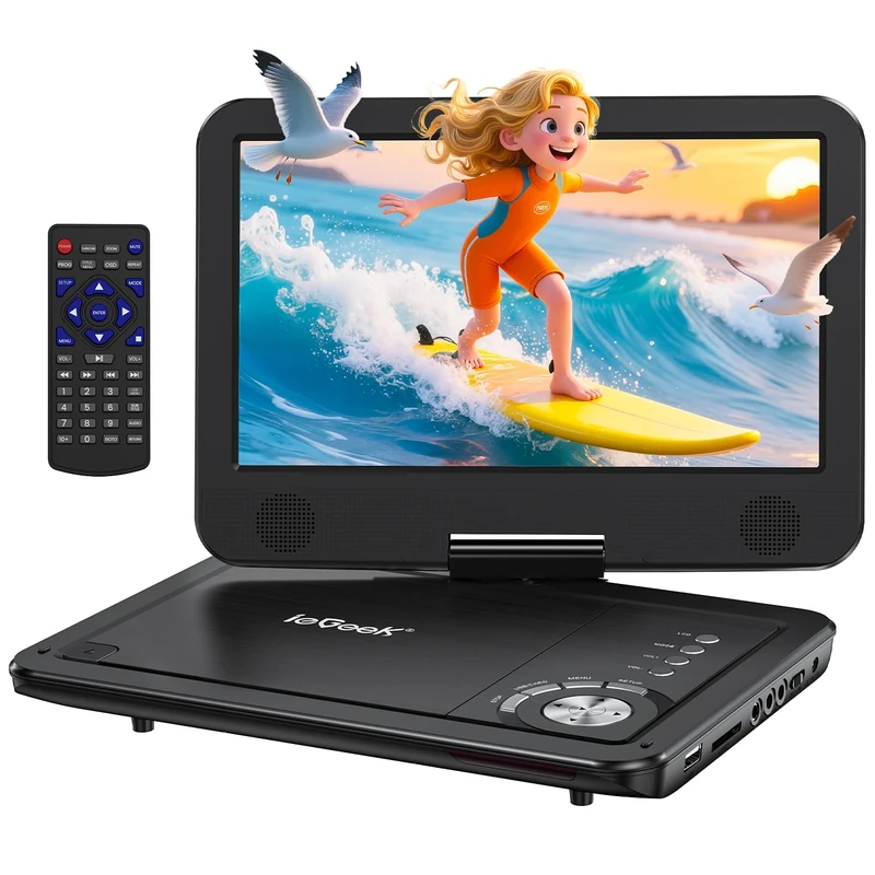 ieGeek 12.5" Portable DVD Player with 10.5" HD Swivel Screen, 5 Hrs Battery, Car Travel DVD Players for Kids & Elderly, Region Free, Support Sync TV/USB/SD Card/Earphone/Multiple Disc Formats, Black