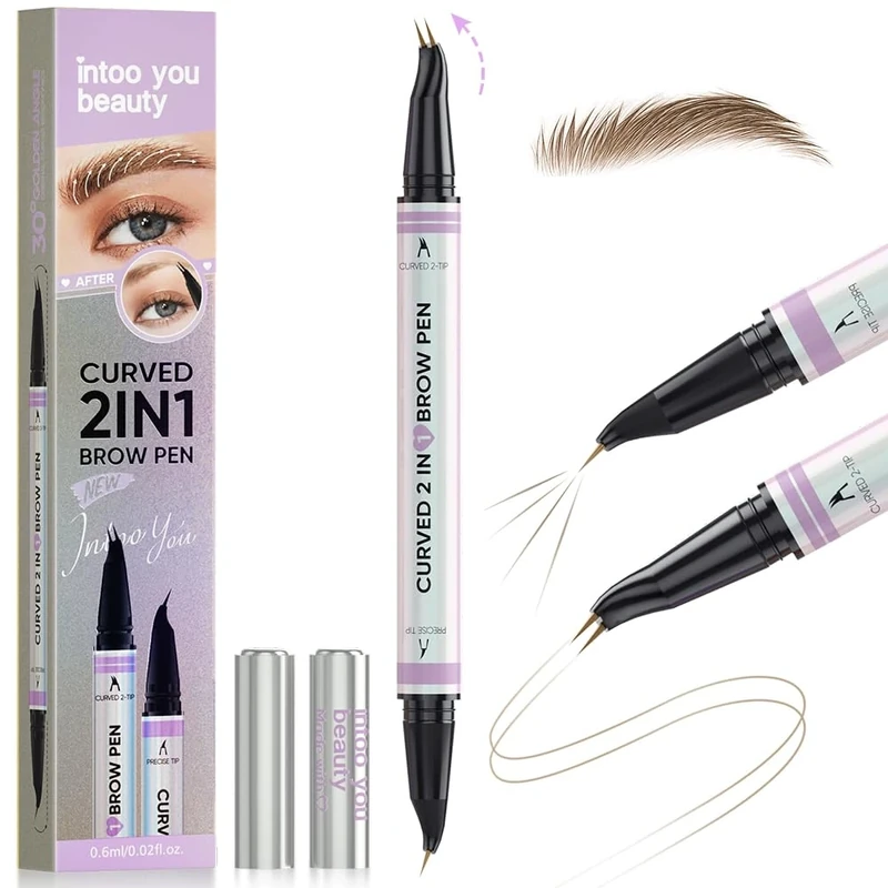 Intoo You 30° Curved Eyebrow Pencil, Magic 2 in 1 Eyebrow Pen Pro, Waterproof Eye Brow Pen with 2 Tips, Vivid Microblading Brow Pencils for Women, Last All Day Makeup (Brown)