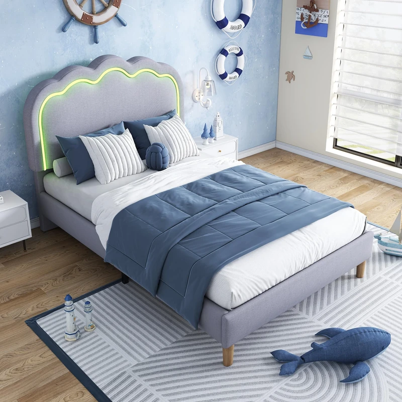 Merax 3FT Upholstered Bed Frame with LED Light Strip, Stylish Single Bed with Wooden Slats and Adjustable Height Puff Headboard, Suitable for Teens Bedroom and Guest Room, Linen, Grey, 90x190cm