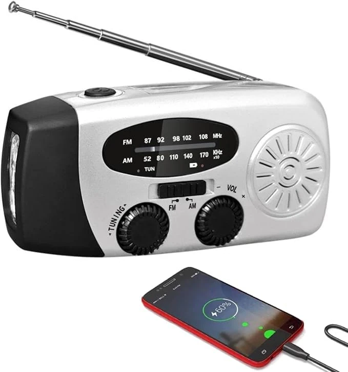 Wind Up Solar Radio, Emergency Radio, Portable Hand Crank Radio, AM/FM Radio with LED Torch, 2000mAh Rechargeable Power Bank, SOS Alarm, USB Phone Charger, Emergency Use for Camping Hiking (gray)