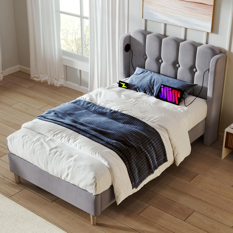 Merax 3FT Upholstered Bed Frame with USB and Type-C Charging, Stylish Single Bed with Wooden Slatted Frame, Contemporary Headboard, Suitable for Teens Bedroom and Guest Room, Linen, Grey, 90x190cm