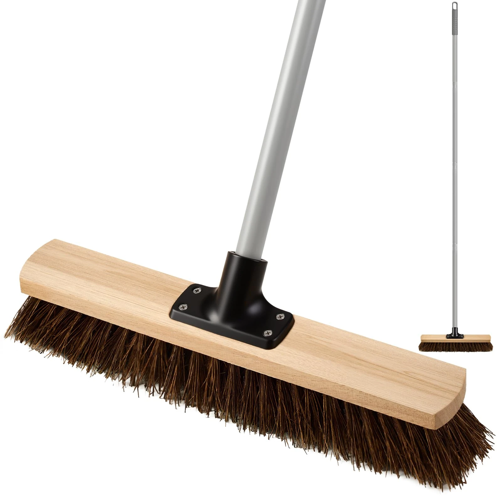 Mitclear 16IN Outdoor Garden Broom Heavy Duty with Long Handle(63IN), Yard Brush with Natural Bassine Hard Bristle & Metal Poles, Stiff Sweeping Brush for Decking Driveway Garage Gardens Yards Patio