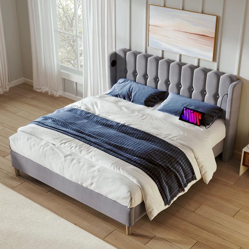 Merax 4FT6 Upholstered Bed Frame with USB and Type-C Charging, Stylish Double Bed with Wooden Slatted Frame, Contemporary Headboard, Suitable for Teens Bedroom and Guest Room, Linen, Grey, 135x190cm