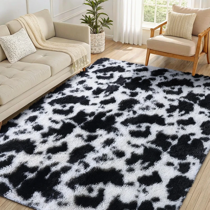 smiry Rugs Living Room 160x220cm, Area Rugs for Bedroom, Machine Washable Anti Slip Soft Fluffy Shaggy Tie-dye Floor Carpet for Kids Girls and Boys, Nursery Room, Milk Cow