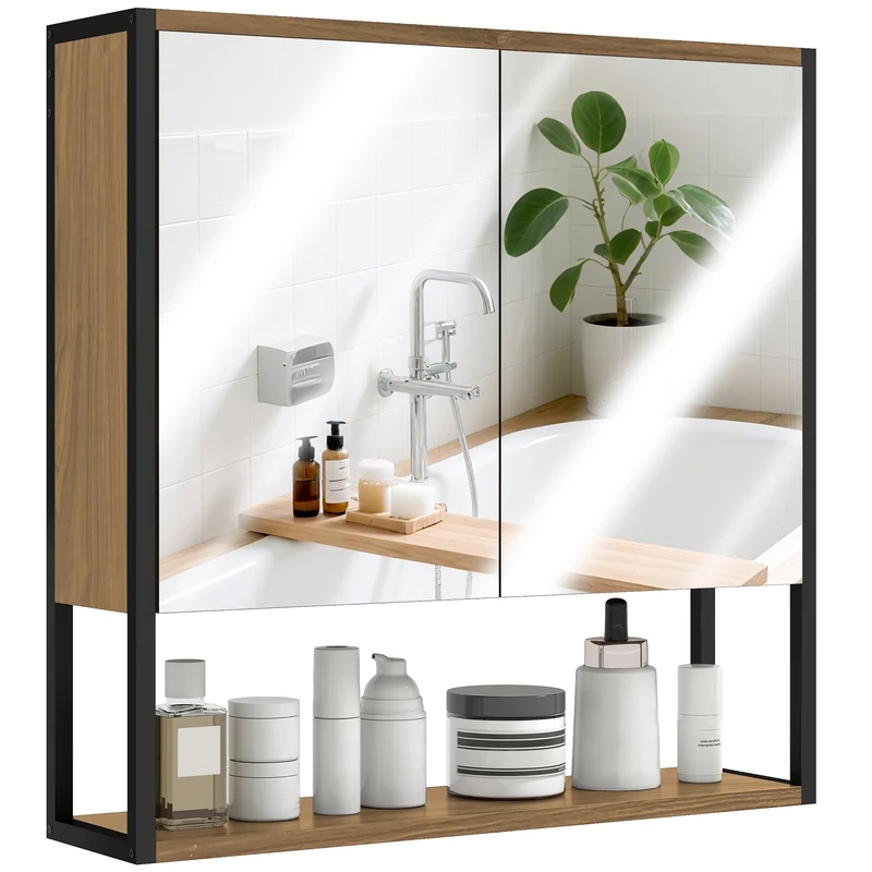 HOMCOM Bathroom Mirror Cabinet Wall Mounted with Soft-Close Doors and Adjustable Shelf, Industrial Bathroom Wall Cabinet with Open Storage, 60 x 16 x 60 cm, Natural Wood Finish