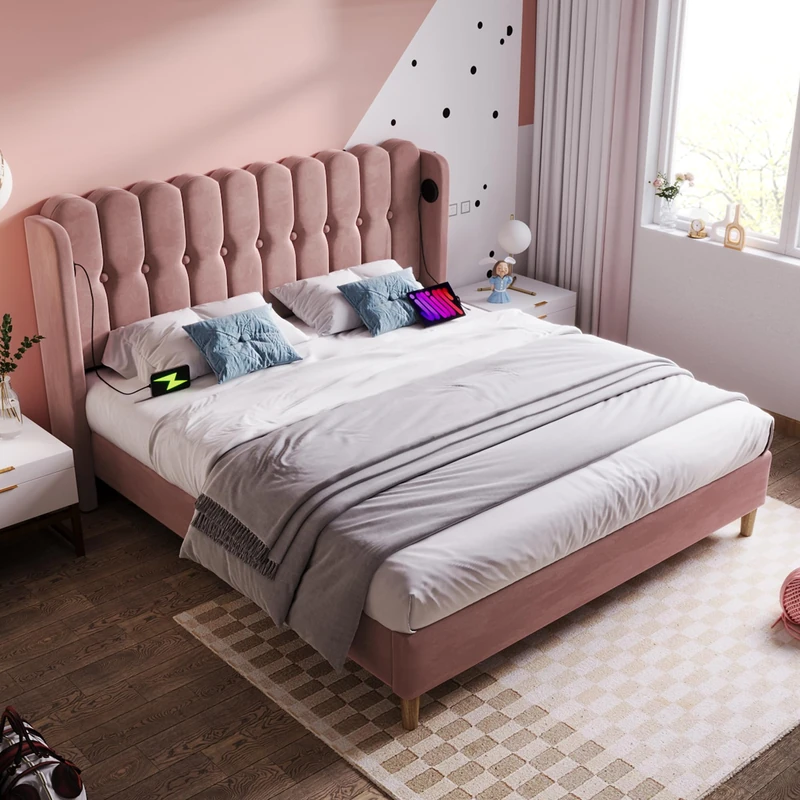 Merax 4FT6 Upholstered Bed Frame with USB and Type-C Charging, Stylish Double Bed with Wooden Slatted Frame, Contemporary Headboard, Suitable for Teens Bedroom and Guest Room, Velvet, Pink, 135x190cm