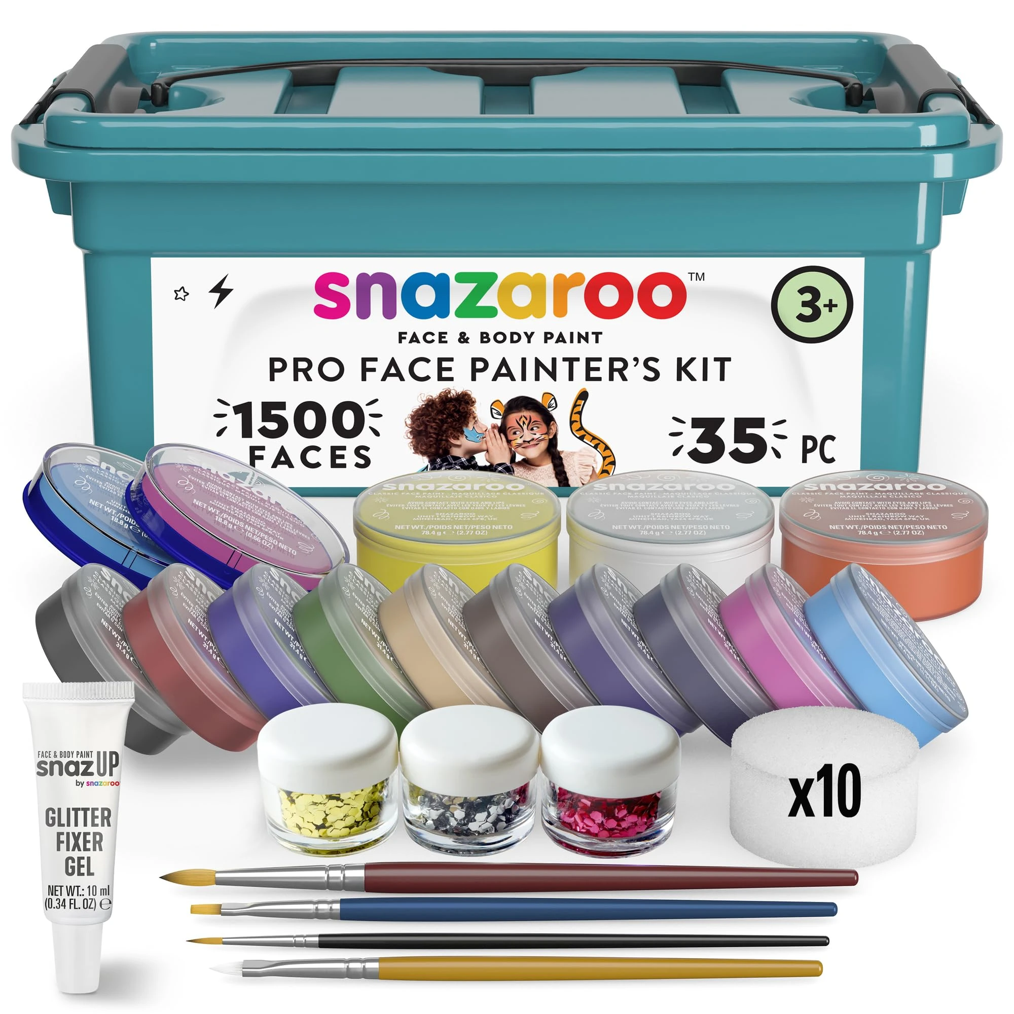 Snazaroo Face Painters Kit for Kids & Adults, 35 Pieces, 10 Colours, Brushes, Glitter Gels, Sponges, Guide, Water Based, Easily Washable, Makeup, Body Painting