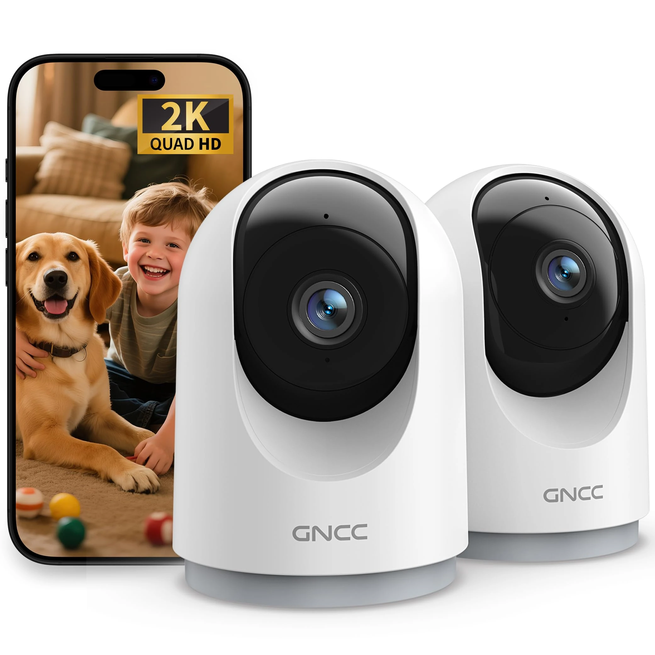 GNCC 2K Indoor Security Cameras for Pet Dog with App, 2-Pack CCTV Cameras House Security WiFi, Night Vision, Motion Detection, 2-Way Audio, Cloud/SD Storage, Works with Alexa, 2.4G WiFi Only