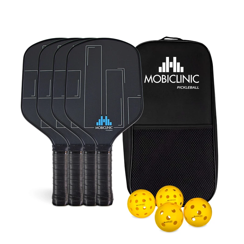 Mobiclinic®, Pickleball Set, 4 Fiberglass Paddles, 4 Indoor and Outdoor Balls, Carry Bag, Ergonomic Grip, Honeycomb Polypropylene Core, Mobiall, Non-Slip Grip