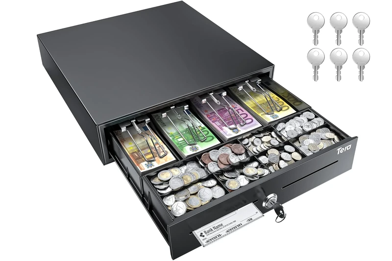 Tera Cash Box Cash Drawer Lockable Coin Compartment: 4 Note Compartments 8 Coin Compartments 41 x 41.6 x 11.3 cm with Insert RJ12 Key for Cash Register Cash Supermarket Retail Model M415