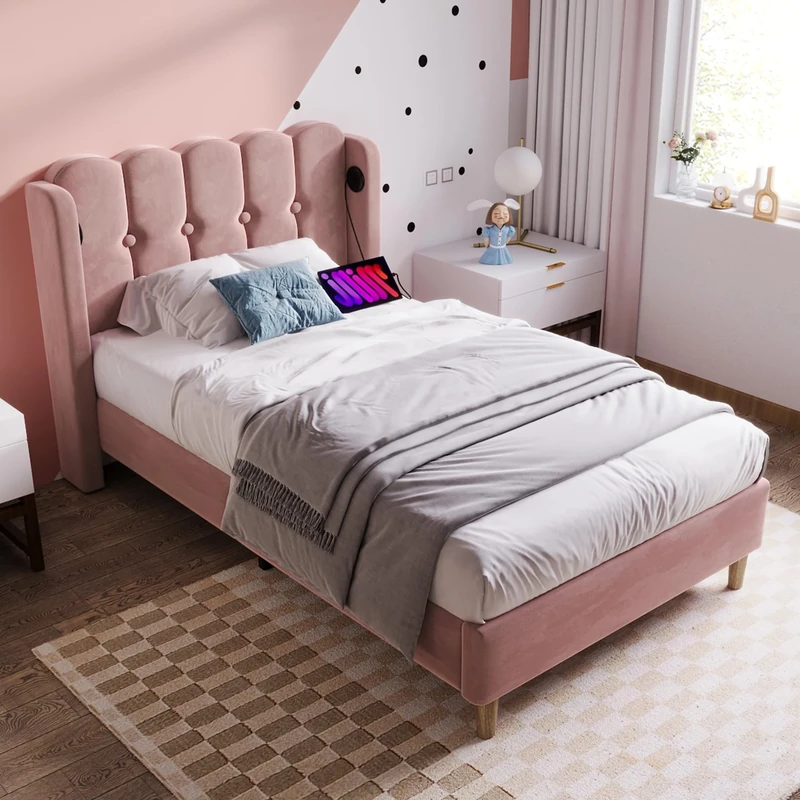 Merax 3FT Upholstered Bed Frame with USB and Type-C Charging, Stylish Single Bed with Wooden Slatted Frame, Contemporary Headboard, Suitable for Teens Bedroom and Guest Room, Velvet, Pink, 90x190cm