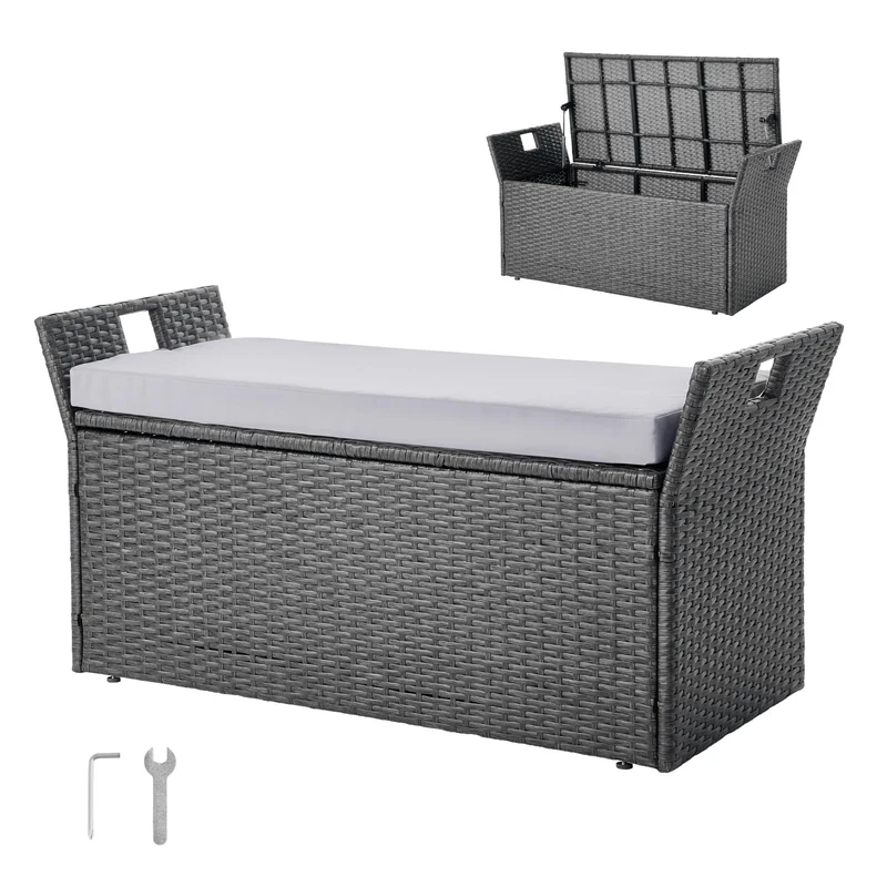 VEVOR Outdoor Storage Bench, 2-Person PE Rattan Storage Bench, 40 Gal Deck Box with Cushion & Side Handle, Supports up to 400 lbs, Weatherproof Outdoor Seating & Porch Decor for Patio Garden Balcony