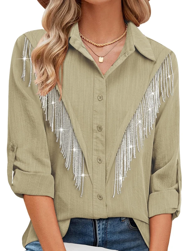 MYMORE Womens Rhinestone Fringe Button Down Shirt Rolled 3/4 Sleeve Sparkly Top Concert Nashville Western Cowgirl Outfit, P_Light Khaki, L