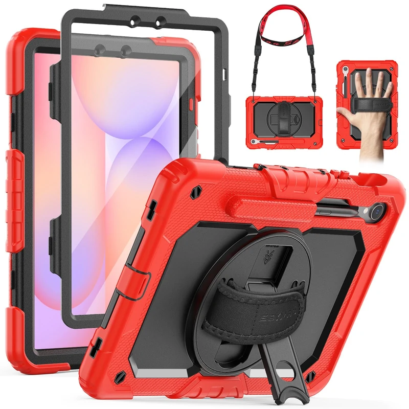 SEYMAC Case for Samsung Galaxy Tab S10 Lite/S10 FE (2025)/S9 FE 10.9 inch/S9 11 inch 2023, Shockproof Case with Screen Protector, Hand Strap, Shoulder Strap, Stand and Pen Holder, Red