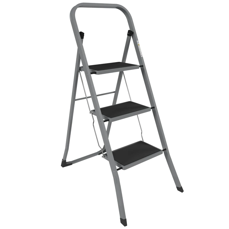 Home Vida 3 Step Ladder - Heavy Duty Steel Folding Ladder with Slip-Resistant and Wide Steps, Folding Mechanism, 150kg Max Load, Home/Kitchen/DIY/Garden Use, Grey