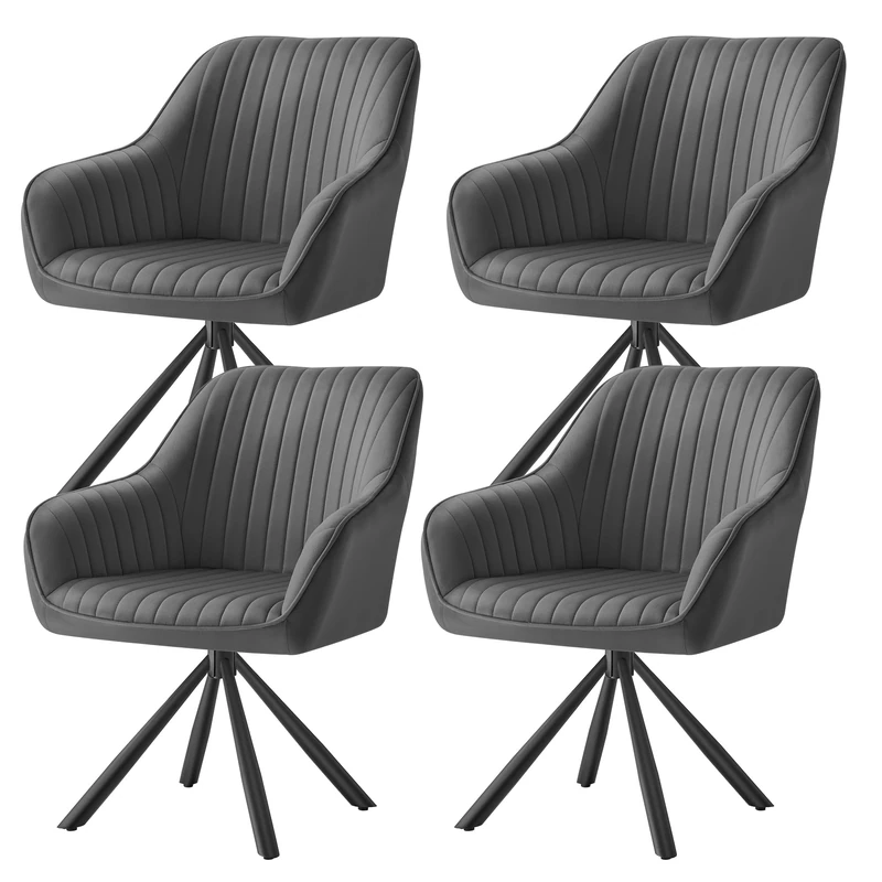 SONGMICS Set of 4 Dining Room Chairs, Kitchen Chairs, Swivel Chairs, Velvet, Upholstered Chairs with Armrests, Maximum Load 120 kg, Steel Legs, for Dining Room, Kitchen, Grey/Ink Black, KDC161G14V1