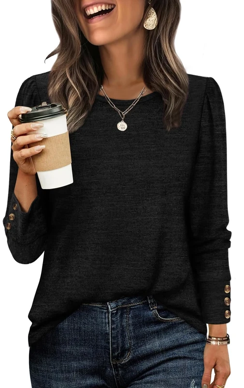 WIHOLL Long Sleeve Shirts for Women Buttons Cuff Tunic Tops Ladies Casual Fall Lightweight Sweaters Fashion 2025 Black Top Size 14-16