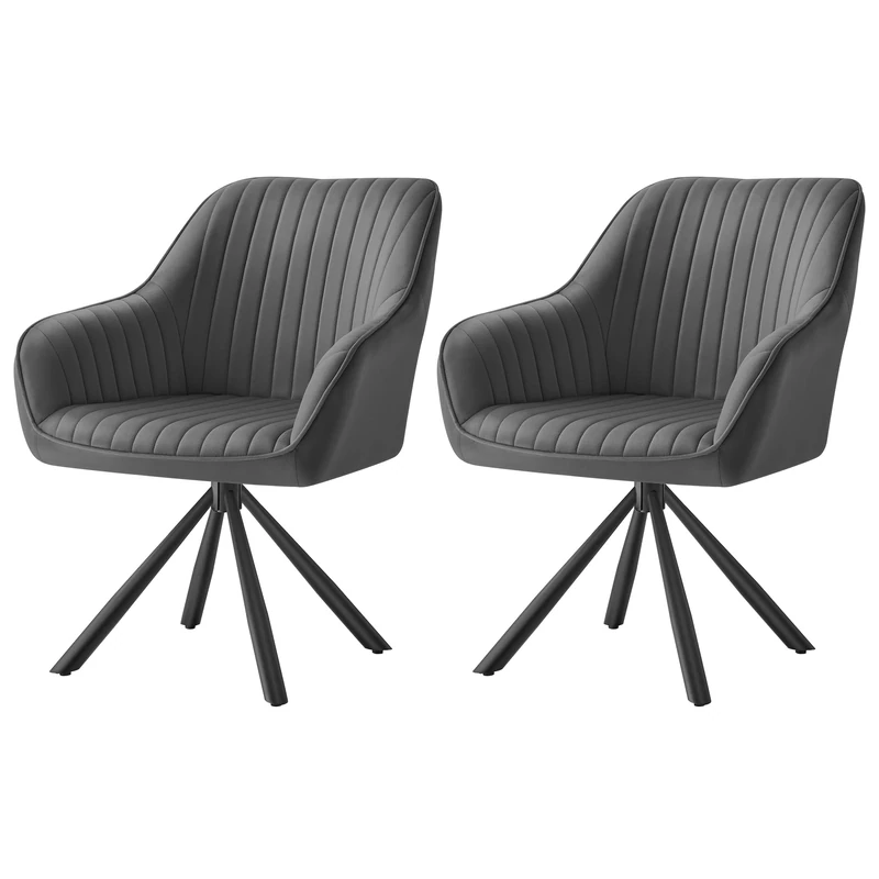 SONGMICS Dining Chairs Set of 2, Swivel Kitchen Chairs, Velvet Upholstered Armchairs with Armrests, Max. Load 120 kg, Steel Legs, for Dining Room, Grey and Ink Black KDC161G81-2J - Image 1