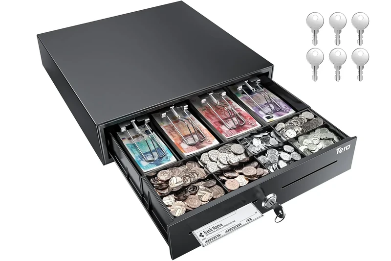 Tera Adjustable Cash Register Drawer 16": 4 Bill 8 Coin Tray with Removable Dividers 6 Keys Auto Open Key-Lock RJ12 Interface Media Slot for POS System Retail Business M415