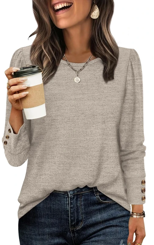 WIHOLL Long Sleeve Shirts for Women Buttons Cuff Tunic Tops Ladies Casual Fall Lightweight Sweaters Fashion 2025 Grayish Top Size 14-16