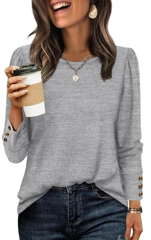 WIHOLL Long Sleeve Shirts for Women Buttons Cuff Tunic Tops Ladies Casual Fall Lightweight Sweaters Fashion 2025 Grey Top Size 14-16