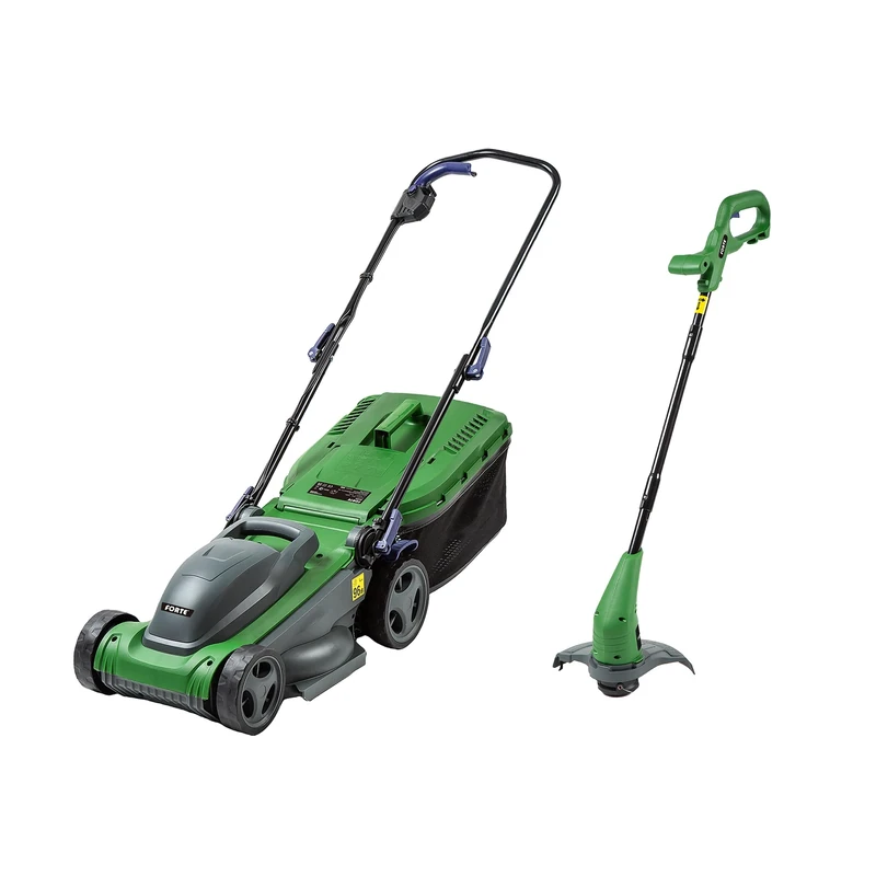 Forte 1400W 34cm Electric Rotary Lawnmower with rear roller and 2-in 1 Grass Strimmer. Mower and trimmer set for small to medium lawns, Green