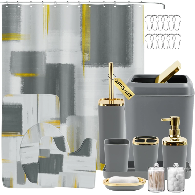 XLHOMO Bathroom Set - Grey and Gold Bathroom Accessories Set, Bathroom Sets with Shower Curtain and Rugs, Grey Shower Curtain Set with Bathroom Trash Can, Soap Dispenser, Soap Dish for Home Decor