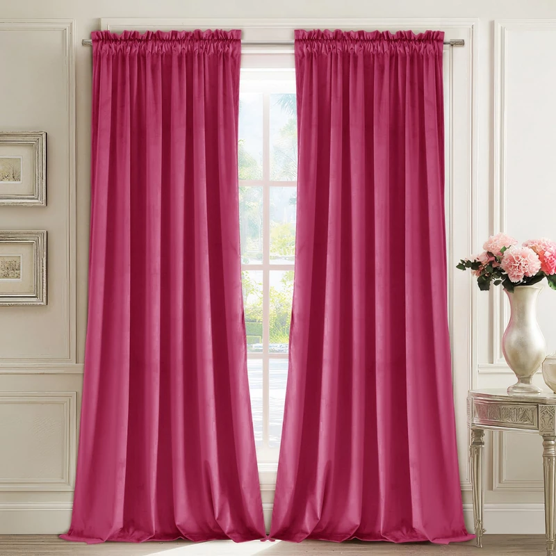 JIUZHEN Berry Velvet Curtains for Living Room -108 inches Long Rod Pocket Thermal Insulated Room Darkening Window Drapes for Bedroom, Set of 2 Panels with Tiebacks, 52 x 108 inches