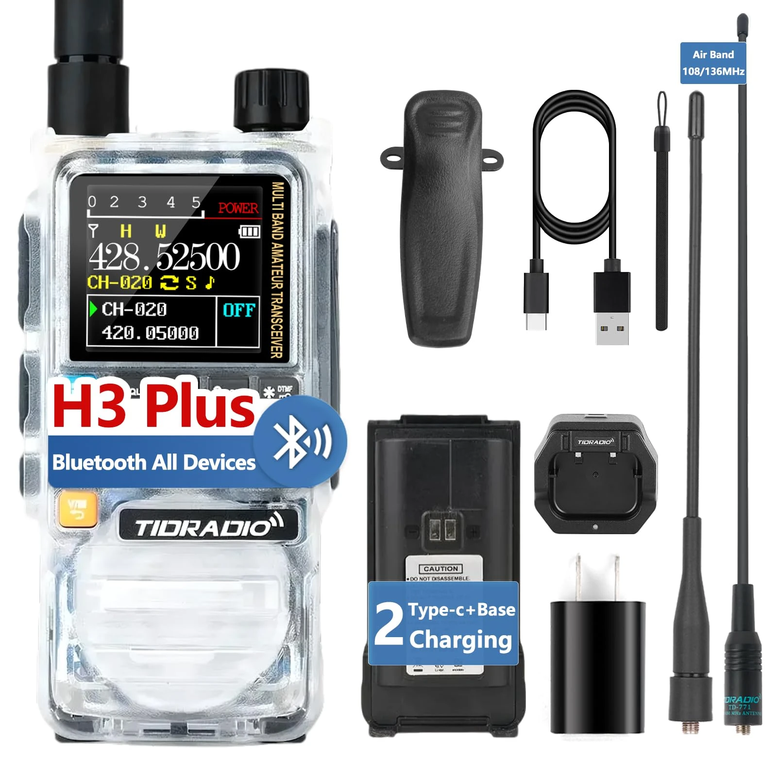 TIDRADIO TD-H3 Plus Ham Radio, Bluetooth-headphone-connectable Walkie Talkies, Wireless Programming,Multi-band Walkie Talkies for Adults Long Range, Emergency Amateur Radio Communication-1 Pack,Crytal