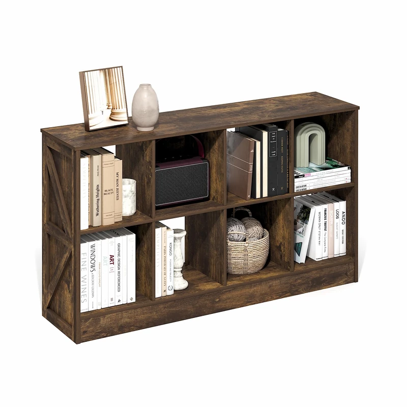 Furinno JENSEN Book Shelf, 8-Cube Farmhouse Bookshelf, Display Bookcase, 11.8 x 47.6 x 26.8, for Living Room, Bedroom, Home Office, Amber Pine