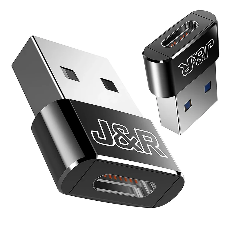 J & R USB to USB C Adapter USB C to USB Adaptor, Metal Mini Converter for Data & Charging, Ultra-Compact 2-Pack (Black & Silver) for Samsung, Apple, Google Pixel, iPhone