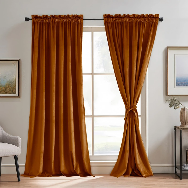 JIUZHEN Terracotta Red Velvet Curtains Super Soft Velvet Drapes for Bedroom Living Room Luxury Blackout Thermal Insulated Rod Pocket Window Drapes, 2 Panels with Tiebacks, 52W x 90L