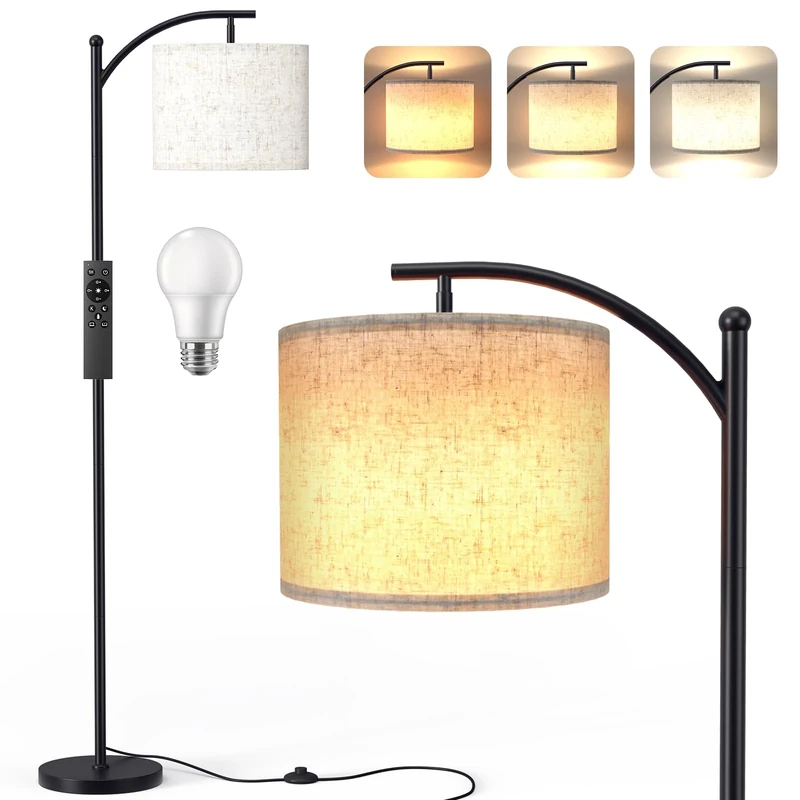 YICAIZI Floor Lamp for Living Room, 63" Modern Arc Dimmable Standing Lamp with Remote Control and Stepless Dimmable Colors Temperature & Brightness, Beige Linen Lampshade & Foot Switch (Beige)
