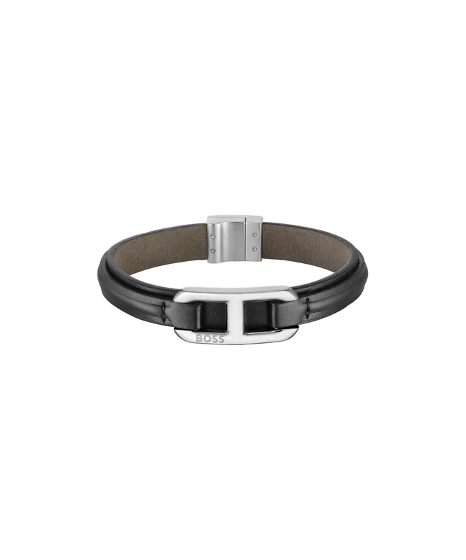 BOSS Jewelry Men's KODE Collection Bracelet with Black Leather and Stainless Steel Closure - 1580783M