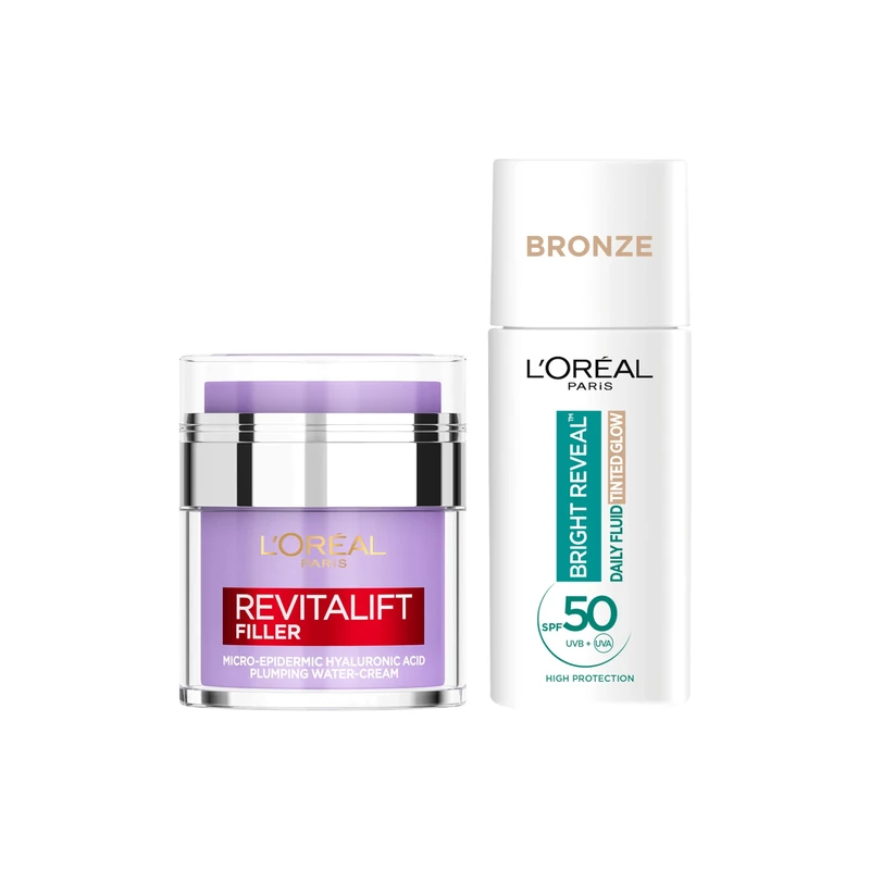 L’Oréal Paris Hydrate, Glow & Protect Bundle: Revitalift Filler Replumping Water Cream+ L’Oréal Paris Bright Reveal UV Fluid Tinted Glow - Bronze - SPF 50+ for Face
