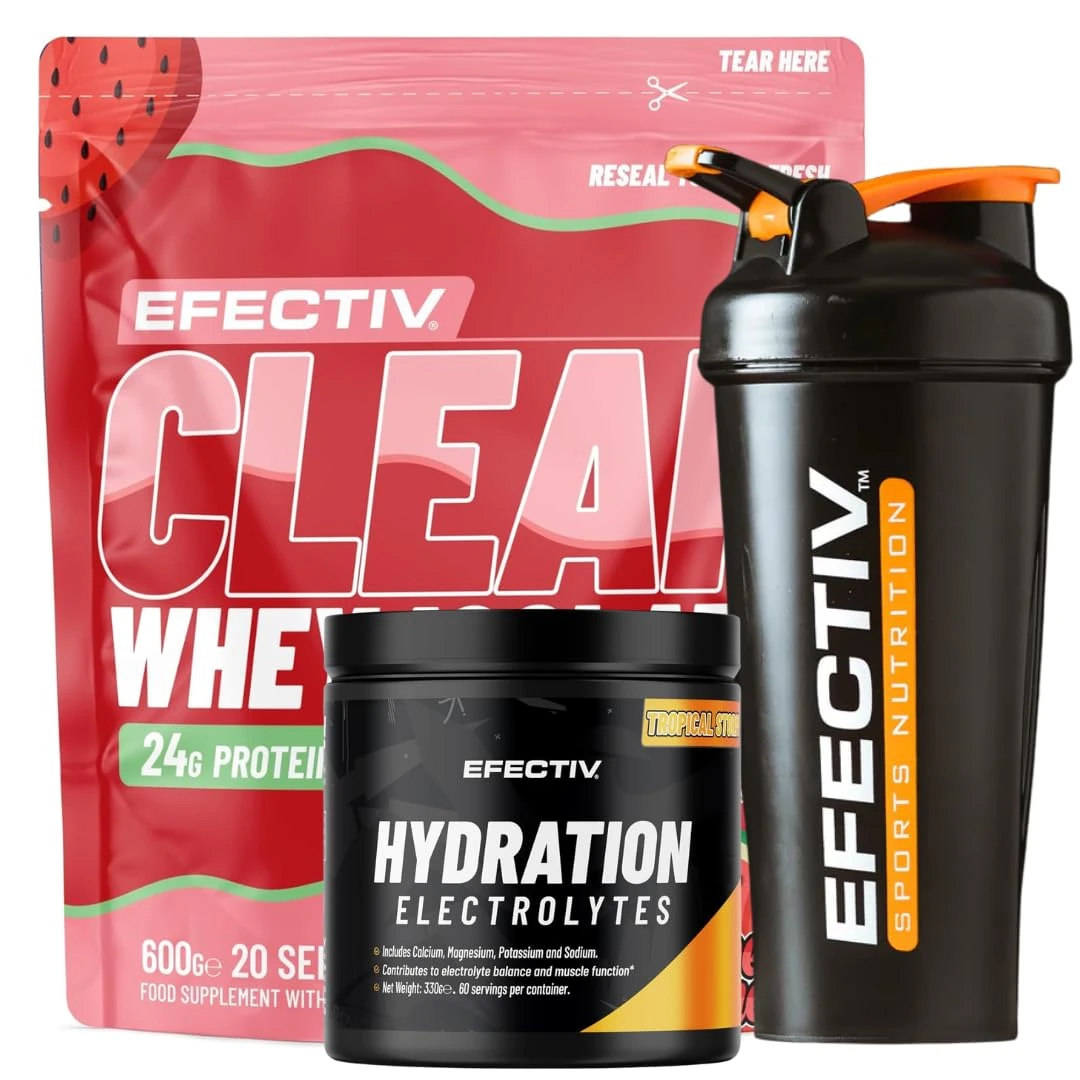 EFECTIV Bundle with Clear Whey Protein Isolate (Strawberry Watermelon) 600g, Electrolytes Hydration Powder (Tropical Storm) 330g and 600ml Shaker – Perfect for Hydration and Recovery Supplement