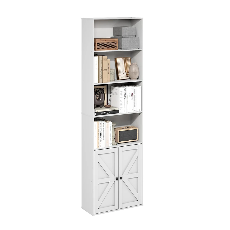 Furinno JENSEN Book Shelf, 6-Tier Farmhouse Bookshelf, Display Bookcase with Doors, 9.2 x 21.6 x 71.2, for Living Room, Bedroom, Home Office, White