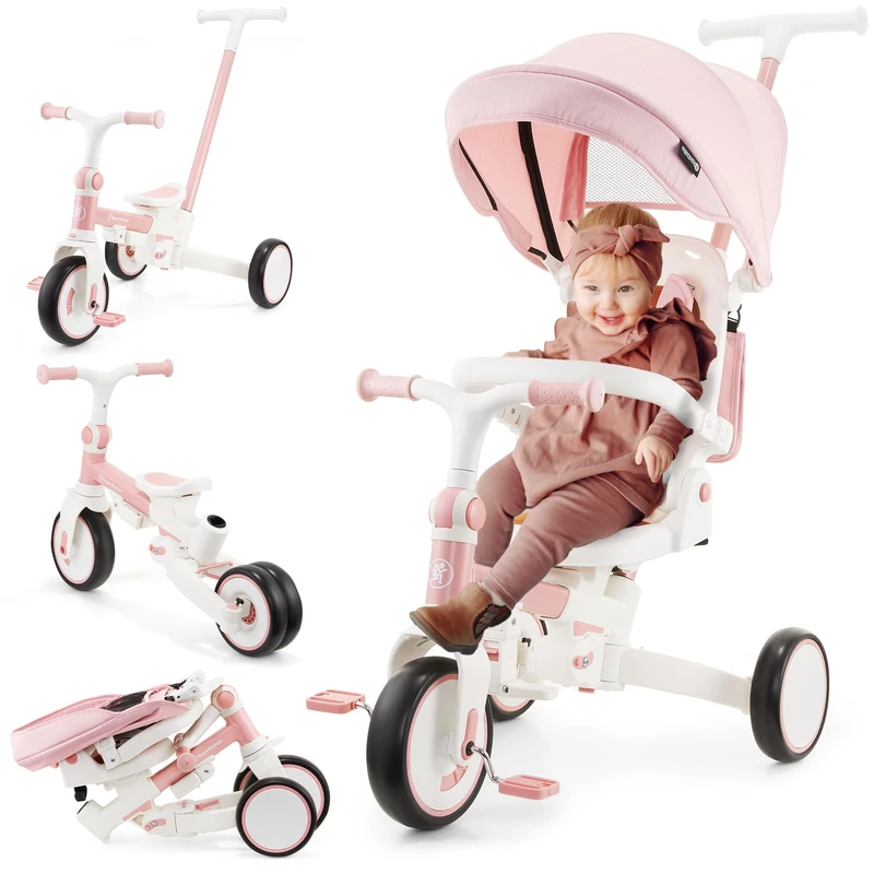 HyperMotion Tobi Forest 8-in-1 Tricycle from 1 Year with Push Bar, 360° Rotating Seat, Foldable, Height Adjustable, EVA Wheels, Sun Canopy, Strap, Handlebar, Foldable (Pink)