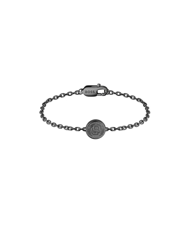 BOSS Jewelry Men's DOUBLE B COIN Collection Bracelet in Black Stainless Steel with a Coin Charm - 1580764M
