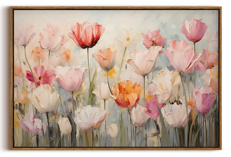 KISSFOX Framed Vintage Landscape Wall Art Wildflower Floral Field Colorful Painting Canvas Prints Rustic Farmhouse Botanical Pictures Decor Bedroom Bathroom Living Room (Tulip, 24"x36" Natural, Framed