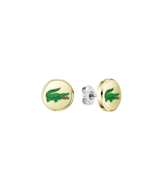 Lacoste Men's ARTHOR Collection Stud Earrings in Yellow Gold with Green Enamel Lacoste Crocodile - 2040498