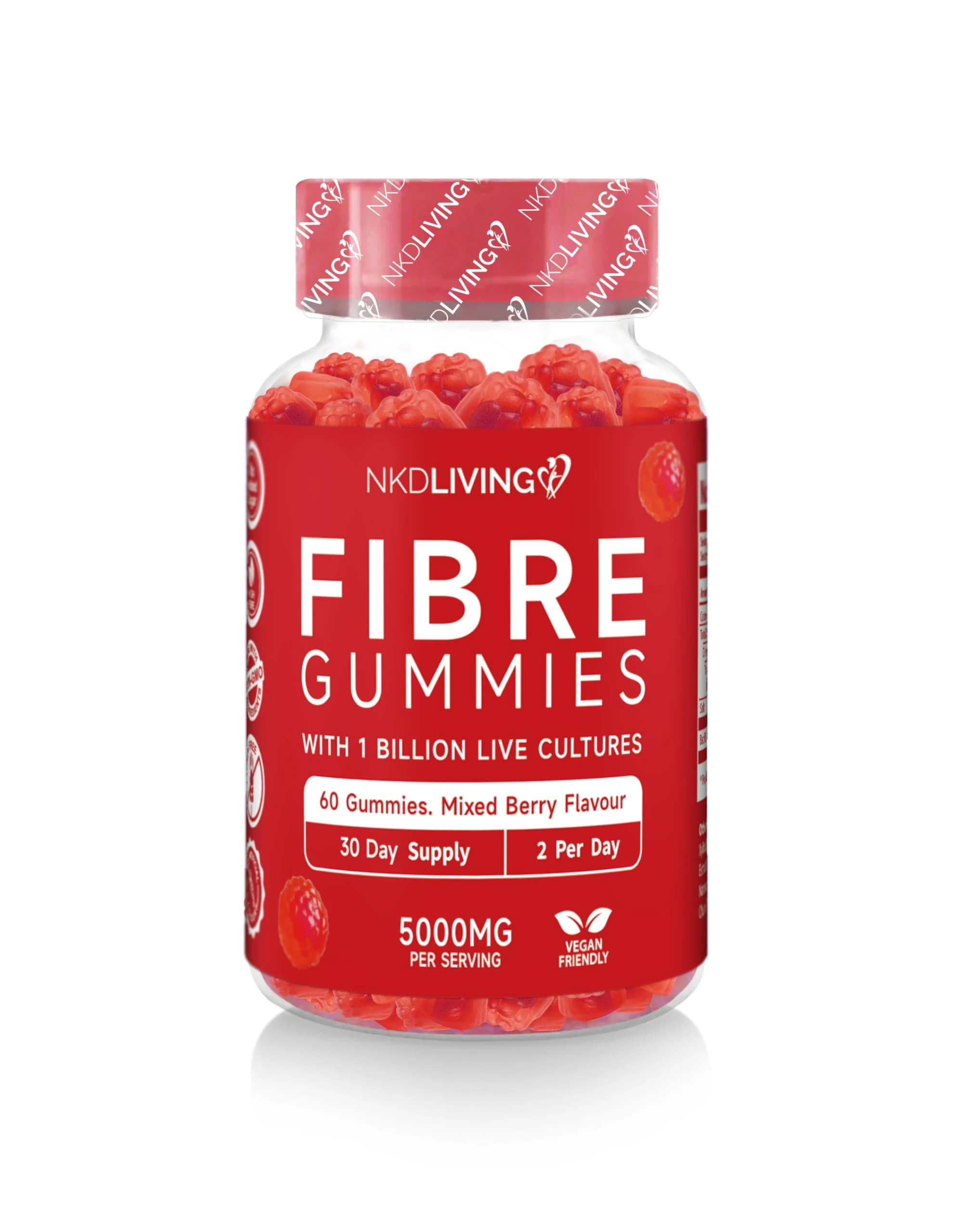 NKD Living High Fibre Inulin Gummies (60 Vegan Gummies) 5g of Fibre per Serving - with 1 Billion Live Cultures - Gut Health and Digestive System Support