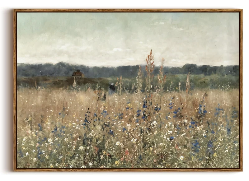 KISSFOX Framed Vintage Landscape Wall Art Wildflower Floral Field Colorful Painting Canvas Prints Rustic Farmhouse Botanical Pictures Decor Bedroom Bathroom Living Room (Flowers grass, 16"x24" Natural