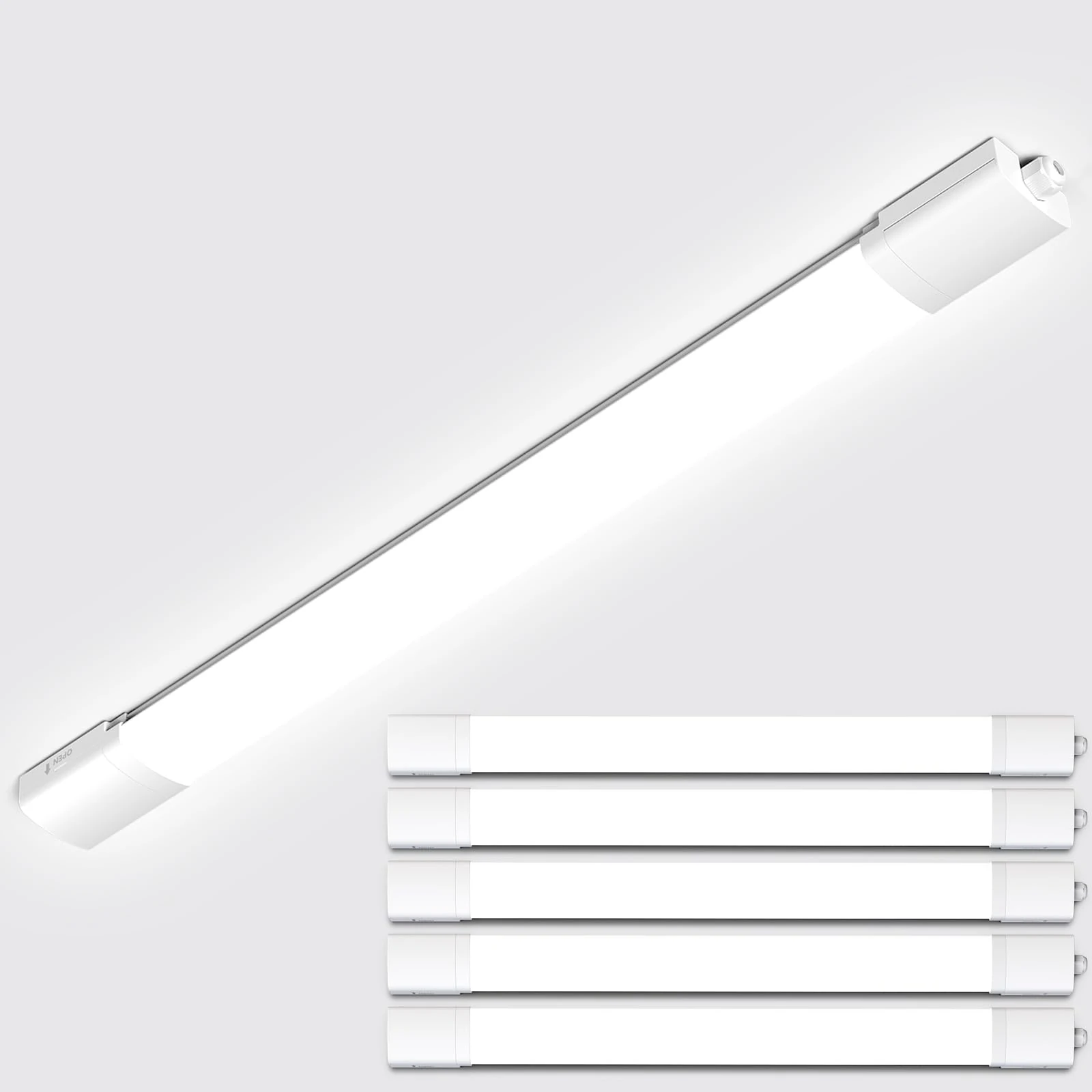 Amdelne 5ft LED Batten Lights 5 Pack, 6000K Daylight Plug in Ceiling Light, IP65 Outdoor Lighting, Linkable Tube Lights for Garage, Shed, Loft, Office, School, Store, Workshop, Warehouse, 45w 150cm