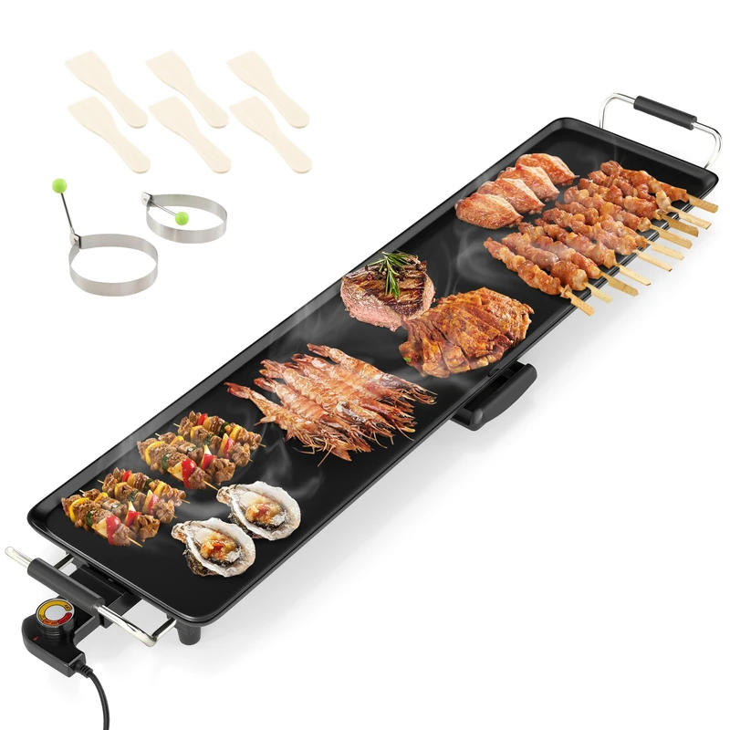 GiantexUK Electric Teppanyaki Grill Table, 1800W Adjustable Temperature BBQ Griddle with Non-Stick Top, Wooden Spatulas & 2 Egg Rings, Easy Clean Barbecue Hot Plate (105 × 24cm, Stamping Aluminum)