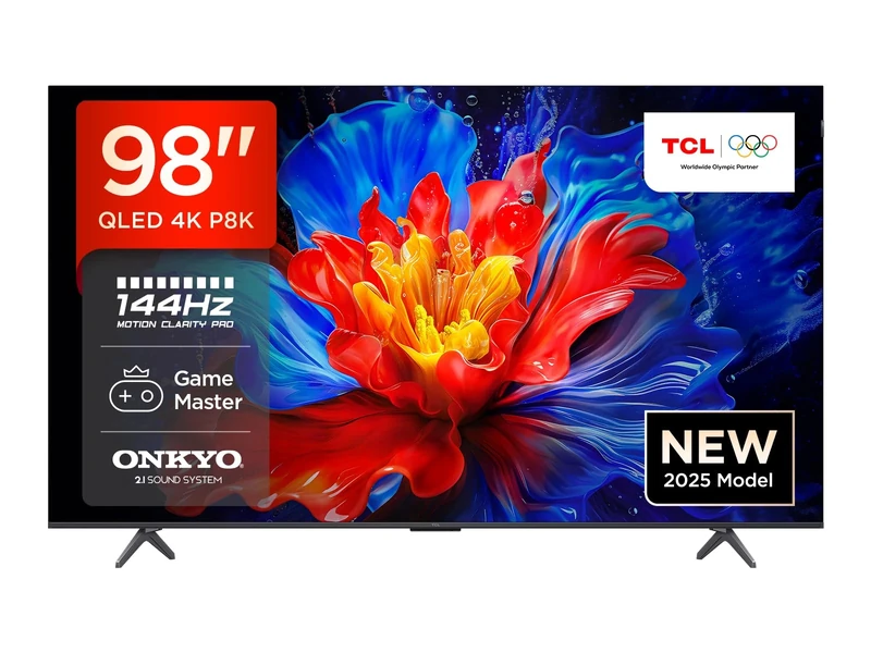 TCL 98P8K-UK 4K Ultra HD QLED Smart TV, 144Hz Gaming, Dolby Vision HDR10+, Google TV with BBC iPlayer, Onkyo 2.1 Dolby Atmos Sound