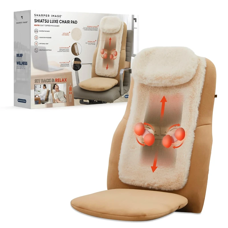 Sharper Image Luxe Shiatsu Massaging Chair Pad with Heat - Heated Back Massager Seat Topper with 4 Nodes & Vibration, Portable Massage Chair Pads for Home & Office, Cushioned Electric Massagers