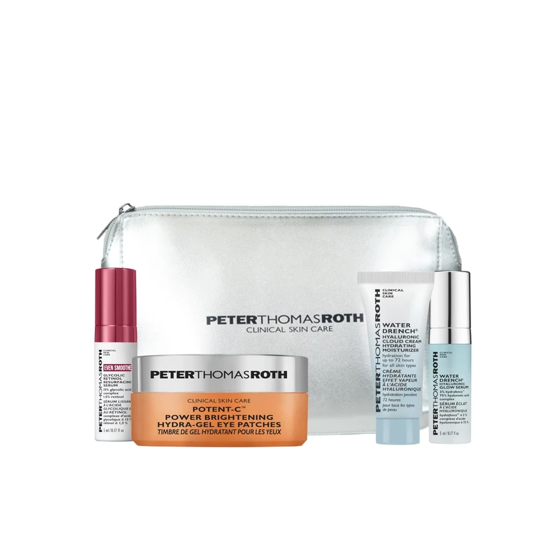 Peter Thomas Roth Deluxe Skincare Gift & Travel Set – 4-Piece with Full-Size Potent-C™ Eye Patches, Retinol Serum Mini, Hyaluronic Moisturiser & Glow Serum + Silver Cosmetic Bag