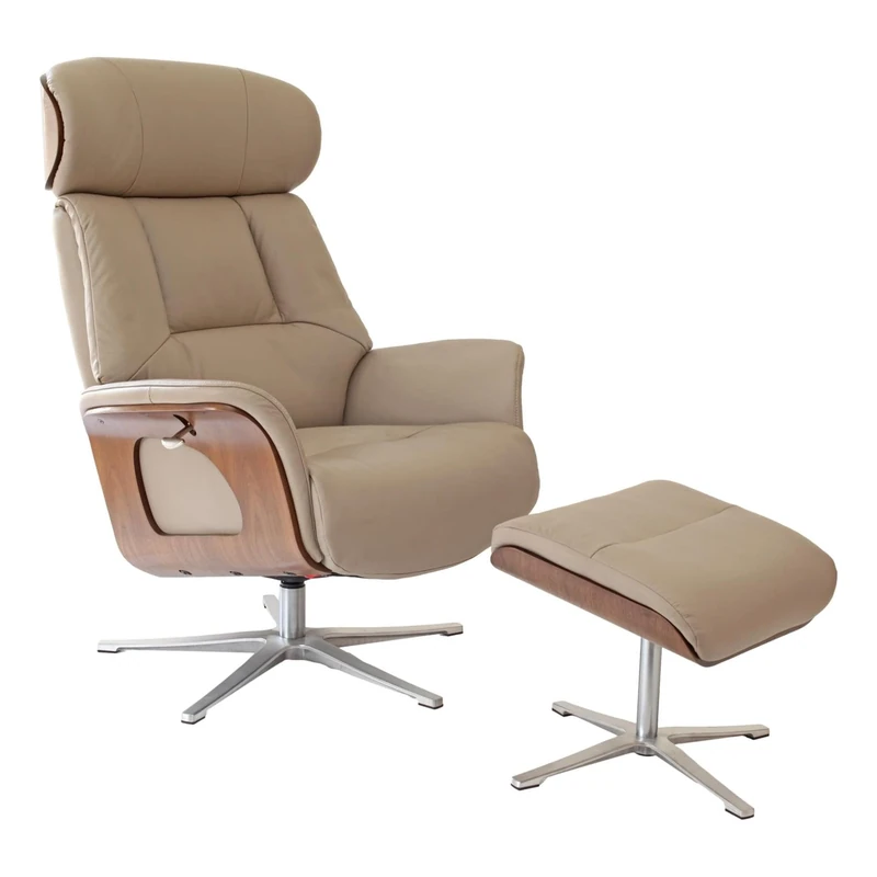 Morris Living Stratford Swivel Recliner Chair in Genuine Pebble Leather with Matching Footstool