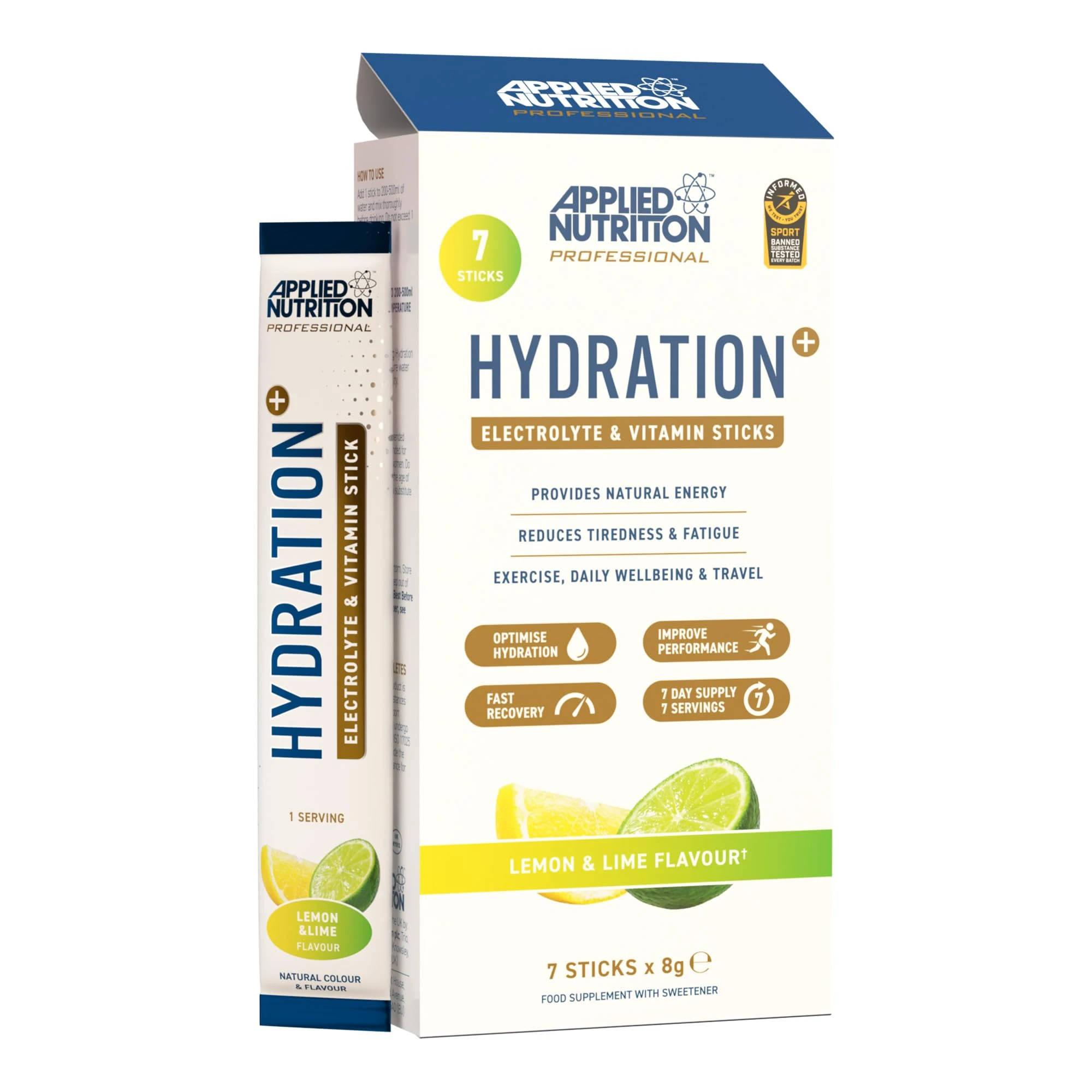 Applied Nutrition Hydration+ Sachets | Electrolyte Powder Mix | Rapid Hydration, Vitamins & Energy | Sugar-Free & Vegan | Lemon & Lime | 7 x 8g Sticks